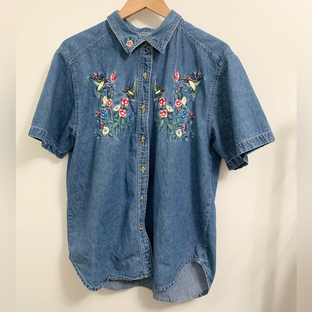 Hummingbird Floral Embroidered VTG 90s Button Down Denim Lightweight Shirt XL